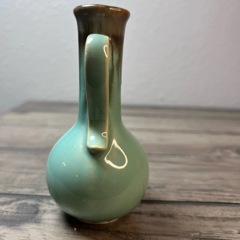 Vintage Green & Brown Drip Glaze Ceramic Vase TWO Handles 4.5” Tall Mid Century